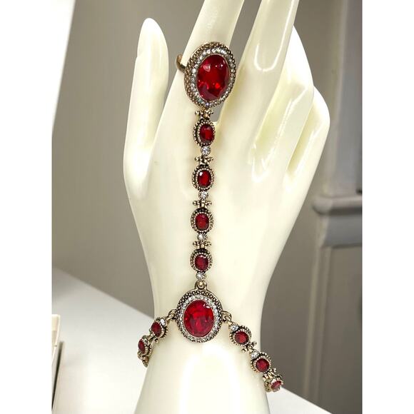 NEW Hand Bracelet Ring Red Rhinestone Gold Tone Unique Fashion Jewelry set m - Picture 1 of 10